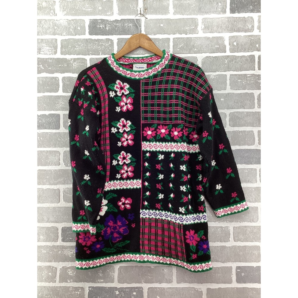 Vintage Sycamore Floral Plaid Patchwork Knit Sweater Made in USA Black Pink L